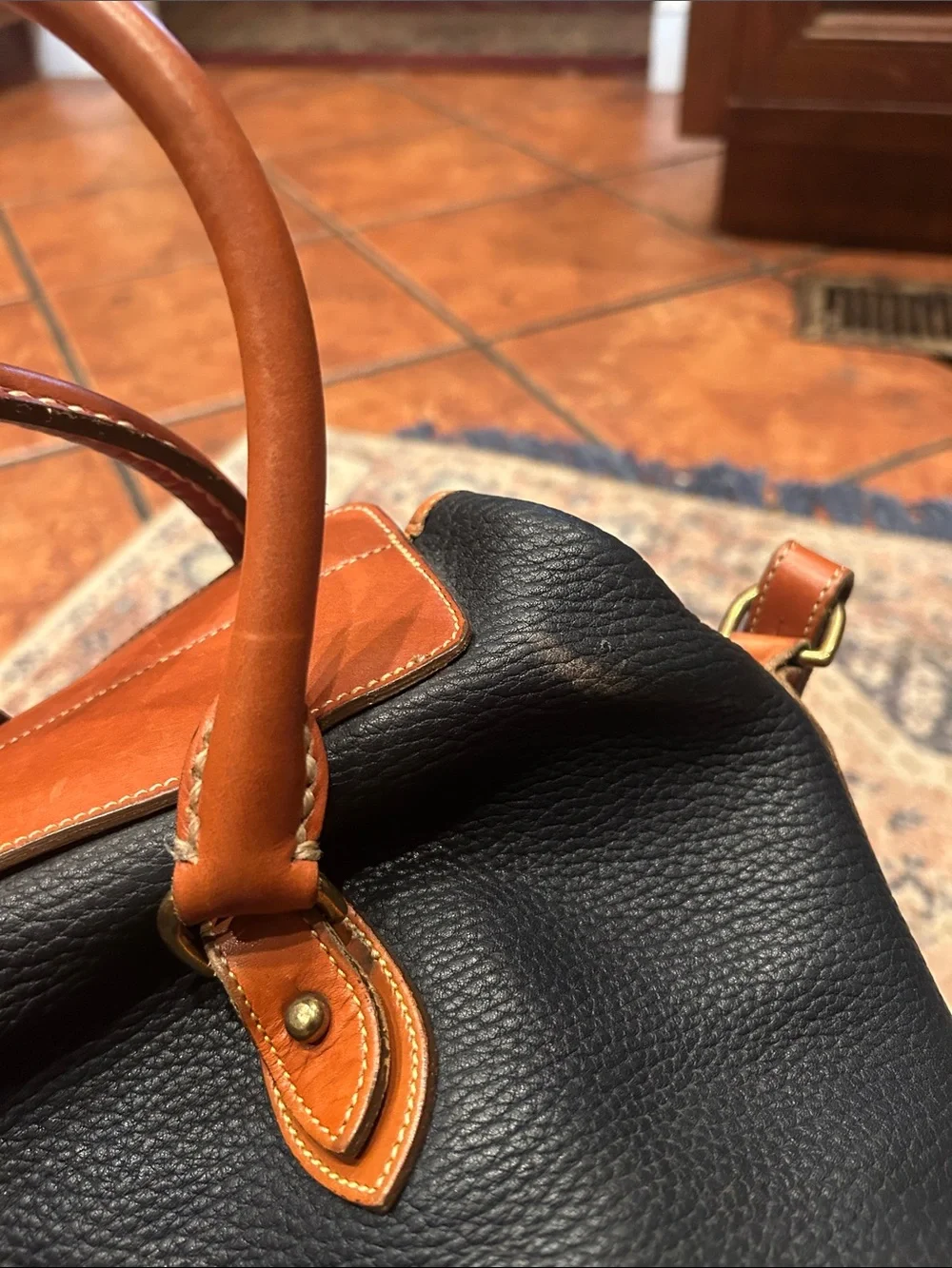 Dooney & Bourke Navy Pebble Leather Satchel with Tan Trim